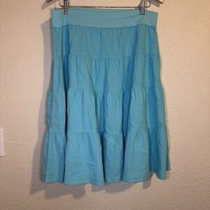 Vtg Magic Mountain Women L Knee Skirt Tiered Blue Elastic Waist Cotton Boho Hip